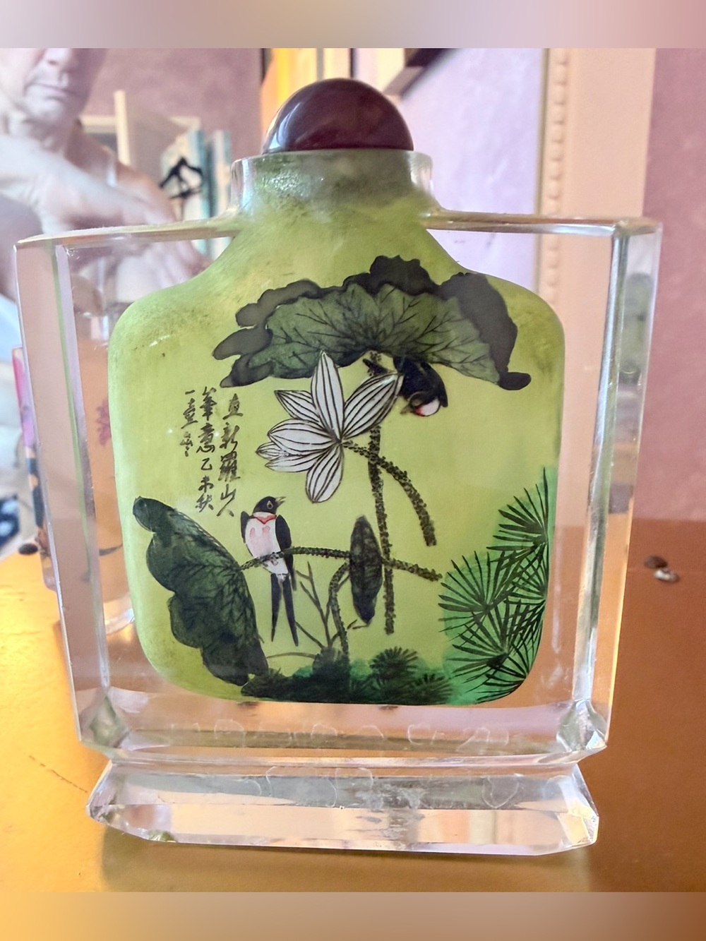 Chinese Hand-Painted Green Glass Snuff Bottle with Bird & Lotus Motif